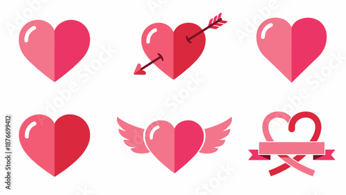 Set of Pink and Red Love Heart Icons with Cupid Arrow Wings and Ribbon for Romance on Isolated White Background
