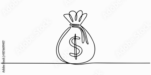 Money bag, Continuous one line drawing of a money bag. Vector illustration of a sack tied with a rope isolated on white background. Minimalist finance concept, Dollar money bag continuous one line
