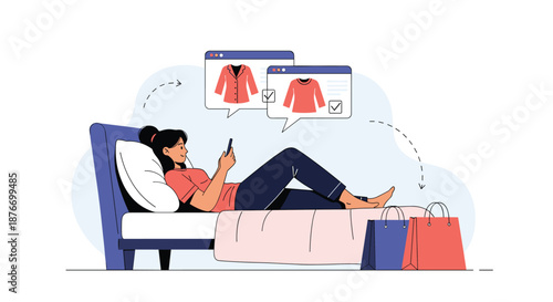 Young woman relaxing in bed while browsing an online clothing store on her smartphone, with shopping bags on the floor next to her.