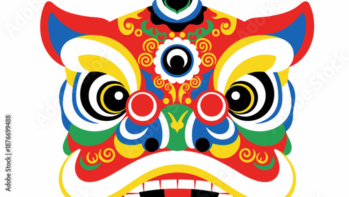Vibrant Chinese Dragon Dance or Lion Dance Mask Head for Lunar New Year Celebration on Isolated White Background