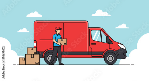 Delivery man in a red uniform carrying cardboard boxes from the back of a large red delivery truck under a cloudy blue sky.