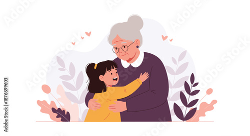 Happy little girl giving her loving grandmother a warm hug, surrounded by plants and floating hearts, showing a strong family bond.