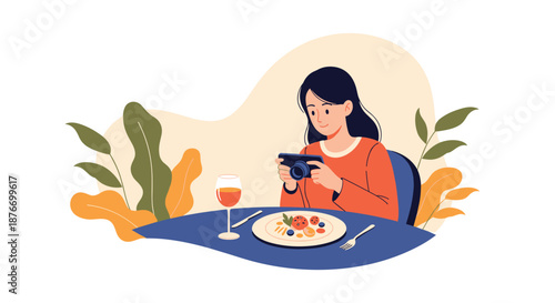 Young woman at a restaurant table taking a photo of her beautifully plated meal with a digital camera, concept of food photography.