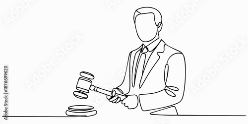 Professional lawyer with gavel, Professional lawyer with gavel in one line drawing. Law and justice concept. Minimalist vector art, Professional lawyer with gavel in one line drawing. Law and justice 