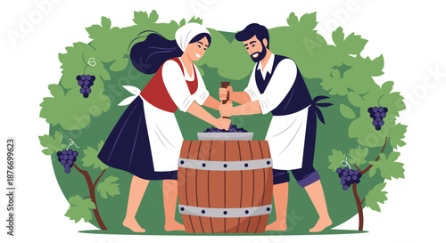 Man and woman in traditional clothing crushing grapes in a wooden barrel with a press at a vineyard, making wine the old-fashioned way.