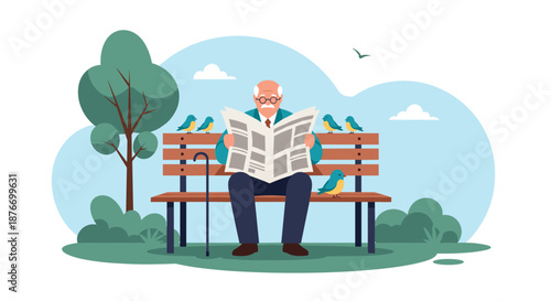 Elderly man with glasses and a cane sitting on a park bench reading a newspaper, with several small blue birds perched around him.