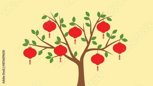 Decorative tree with lush green leaves and traditional red Chinese lanterns gracefully hanging from its branches, set against a warm light yellow background.