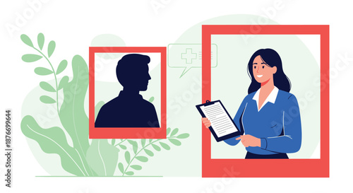 Female doctor or therapist holding a clipboard and having a virtual consultation with a patient shown as a silhouette on a screen.