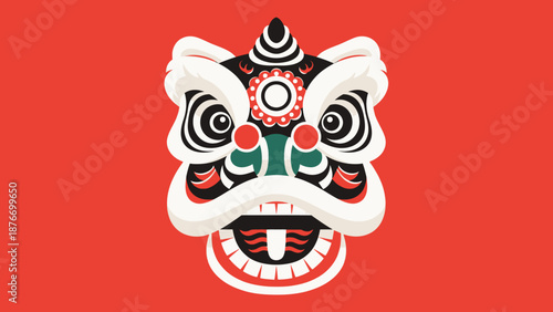 Vibrant Chinese Lion Dance head with intricate details, representing traditional culture and celebration, on a bright red background.