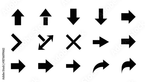 Set of black solid arrow icons in various directions and shapes, including diagonal and cross symbols, on an isolated white background.