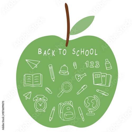 Vector illustration of a green apple featuring assorted school items like books, pencils, and a globe with the phrase "Back to School". Ideal for educational themes.