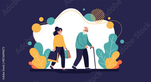 Young woman helping an elderly man with a walking cane, carrying his shopping bags and walking with him against a colorful, abstract background.