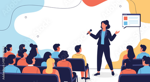 Businesswoman giving a presentation with a microphone to a diverse audience in a lecture hall during a conference or seminar.