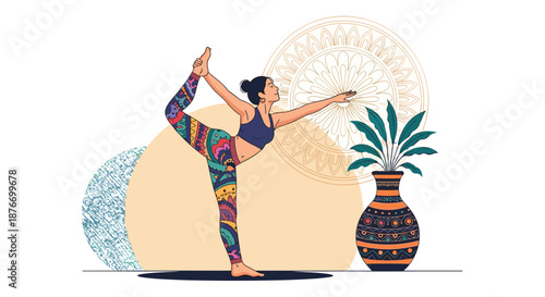 Woman in colorful leggings practicing the Lord of the Dance yoga pose on a mat, with a decorative vase and mandala in the background.