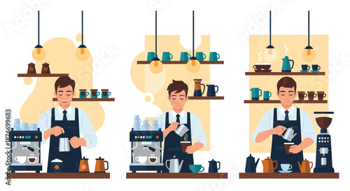 Set of three scenes showing a male barista in an apron making coffee, including steaming milk, pouring latte art, and grinding beans.