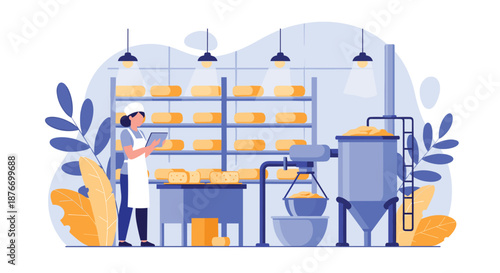 Female worker in a cheese factory using a tablet for quality control, checking on cheese wheels aging on shelves in a modern facility.