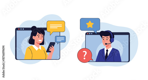 Customer service concept with a female client on her phone and a male call center agent with a headset ready to answer questions.