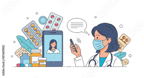 Female doctor with a face mask having a telehealth video call with a patient on her smartphone, surrounded by various medications.