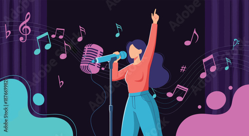 Female singer in a stylish outfit performing on stage, holding a microphone and singing with passion, surrounded by musical notes.