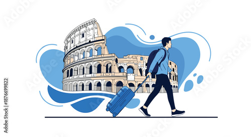 Young male traveler with a backpack and rolling suitcase walking in front of the Colosseum in Rome, Italy, on a European vacation.