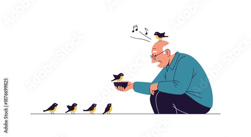 Kind elderly man crouching down to feed a group of small, cheerful birds, one of which is singing on his head, showing a love for nature.