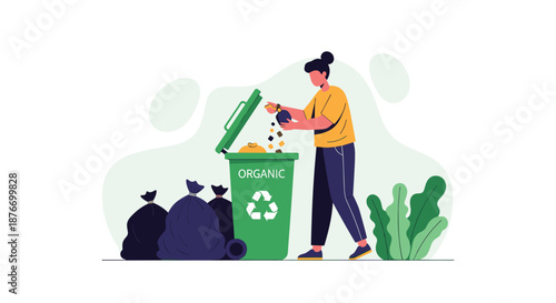 Woman sorting trash and putting organic food waste into a green compost bin, with other garbage bags nearby, promoting recycling.