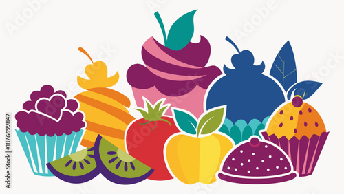 Colorful assorted fruits and pastries Vector
