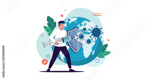 Man holding a shield and a large syringe to protect the earth from coronavirus, symbolizing global vaccination and immunization efforts.