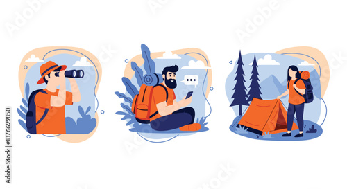 Set of three scenes showing hikers enjoying the outdoors: a man with binoculars, a man checking his phone, and a woman setting up a tent.