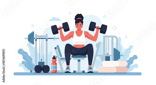 Strong woman with an athletic build lifting heavy dumbbells while sitting on a bench in a fully equipped gym, showing strength training.