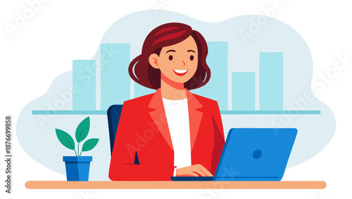 Businesswoman working on laptop Vector