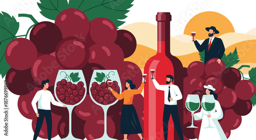 Group of diverse people celebrating and toasting with glasses of red wine, surrounded by giant grapes and a wine bottle, at a wine festival.