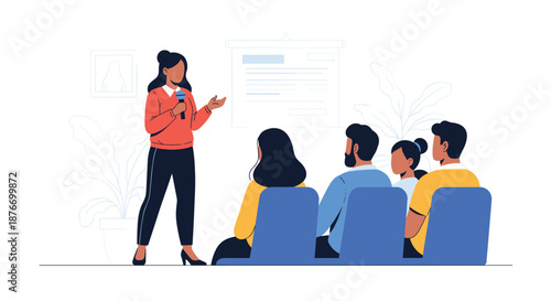 Woman in a casual business outfit speaking into a microphone while giving a presentation to a small, diverse audience in a modern room.