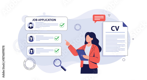 Female HR manager reviewing online job applications and a CV, selecting successful candidates for a vacant position in a company.