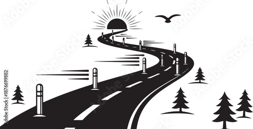 Winding Road Through Scenic Landscape With Sun And Trees