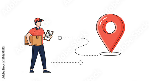 Delivery man holding a package and a clipboard, with a dotted line showing the route to a large red map pin location marker.