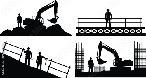 Silhouette construction workers and heavy machinery on site with safety gear, excavation, scaffolding, bridge, and building structure elements