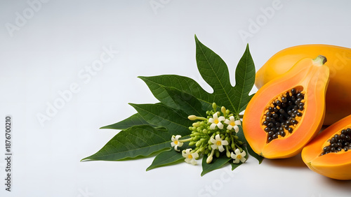 Whole and sliced ripe papaya fruit with seeds and tropical flowers on light background