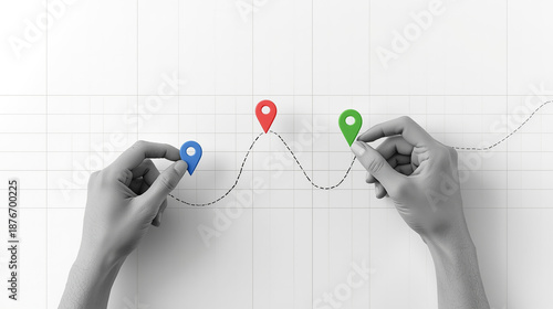 A minimalist conceptual illustration features two realistic grayscale human hands placing colorful location pins on a white grid background. One hand holds a blue pin, the other a green pin.