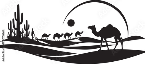 Desert Landscape with Camels and Cacti Silhouette at Sunset