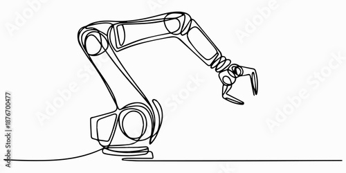 Continuous one line drawing of robot arm machine for industry. Robotic arm technology outline illustration. Editable vector, Robotic arms or industry manipulator positioned continuous line drawing