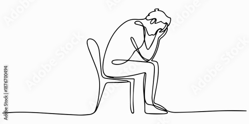 Continuous line drawing sad man alone concept, Continuous one line drawing of sad man sitting alone. Single line drawing illustration of thinking man, Man sitting alone on bench continuous line draw