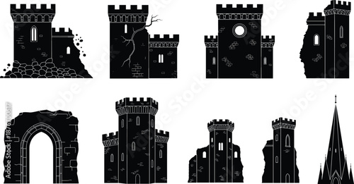 Silhouette medieval castle ruins, towers, gates, spires, fortress architecture elements for fantasy, horror, history, RPG, and storytelling design themes