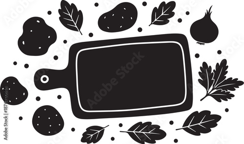 Black cutting board with vegetables and herbs illustration design