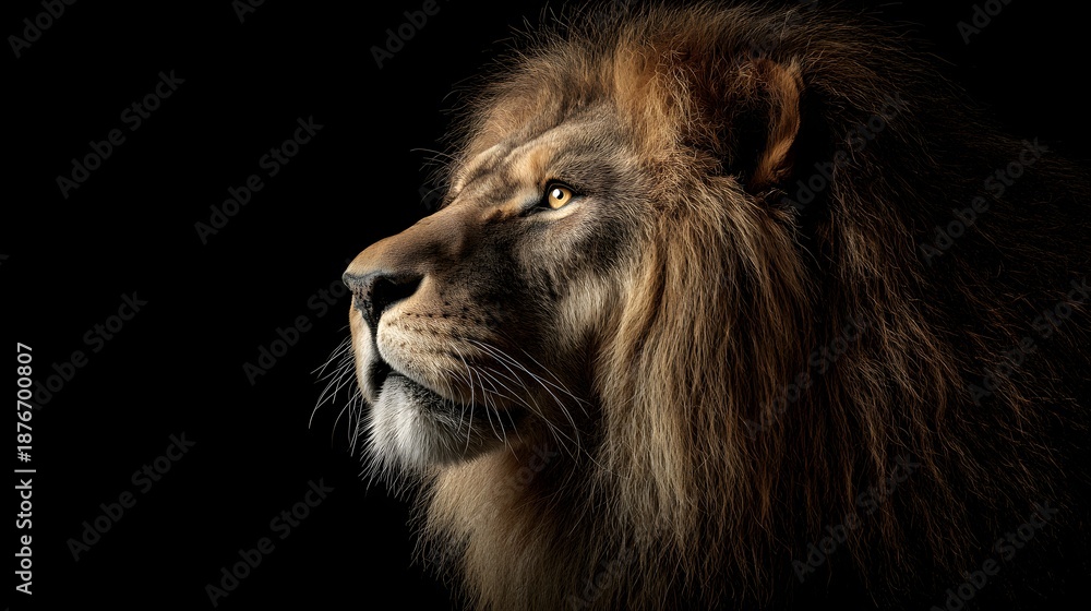 Naklejka premium Majestic Male Lion Side Profile with Dramatic and Cinematic Lighting