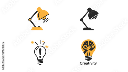 Inspiring Icons of Creative Thought and Innovation Featuring Desk Lamps and Light Bulbs Illustrating Idea Generation, Problem Solving, and Intellectual Illumination