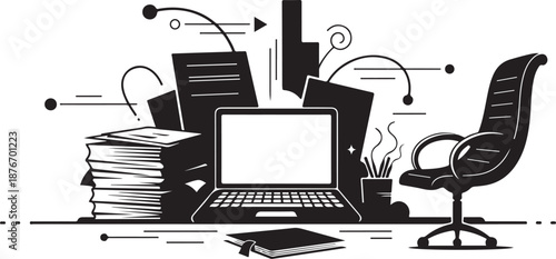 Cluttered office workspace with laptop and paperwork chaos