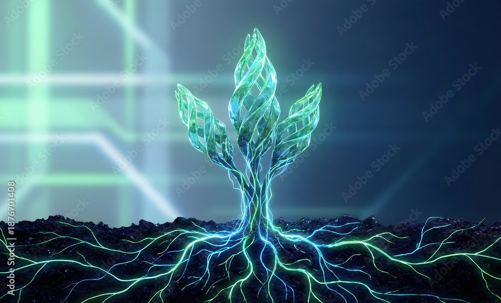 Fototapeta premium Futuristic Glowing Plant with Digital Root Network