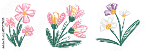 Sketch crayon style modern simple flower art poster or placard collection. Ink, charcoal, pencil or chalk style plants or floral elements drawing. Colorful hand drawn flowers vector illustration set.