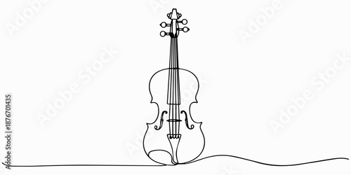 violin, Elegant Continuous Line Drawing of a Violin for Creative Musical Projects, Stylish continuous one line drawing capturing the elegant form of a classic violin with a bow, ideal for music studio